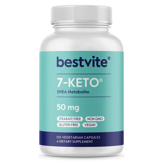BESTVITE 7-Keto bottle on shelf with easy-to-swallow capsules for daily energy.