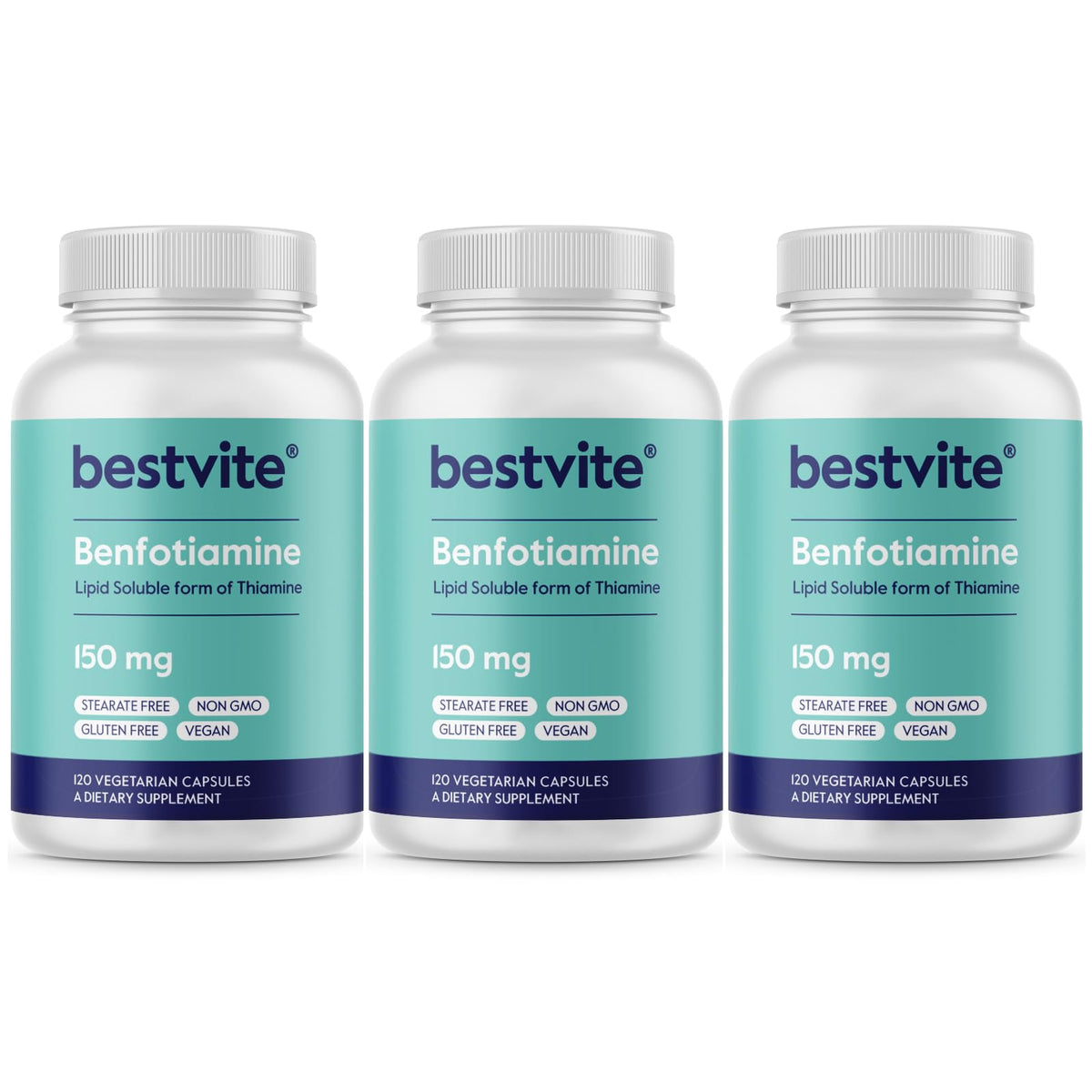 BestVITE Benfotiamine bottle front showing 150 mg capsules for daily wellness.