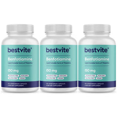 BestVITE Benfotiamine bottle front showing 150 mg capsules for daily wellness.