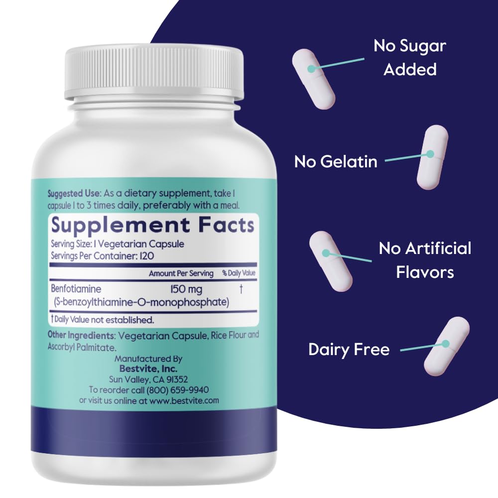 BestVITE Benfotiamine label details No Stearates and Non-GMO ingredients.