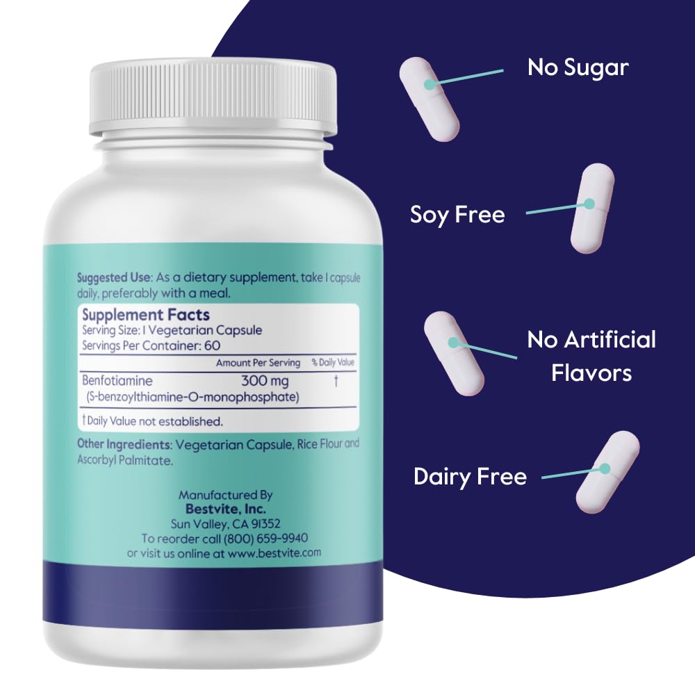 BESTVITE Benfotiamine packaging showing USA-made quality and reliability