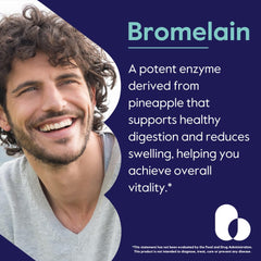 Capsules close-up highlights vegan, gluten-free bromelain formula free from animal products.