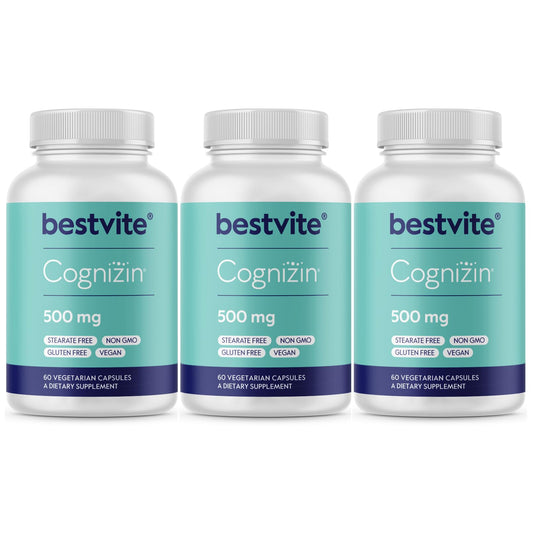 Bestvite Cognizin 500mg bottle front, vegan nootropic for focus and memory support