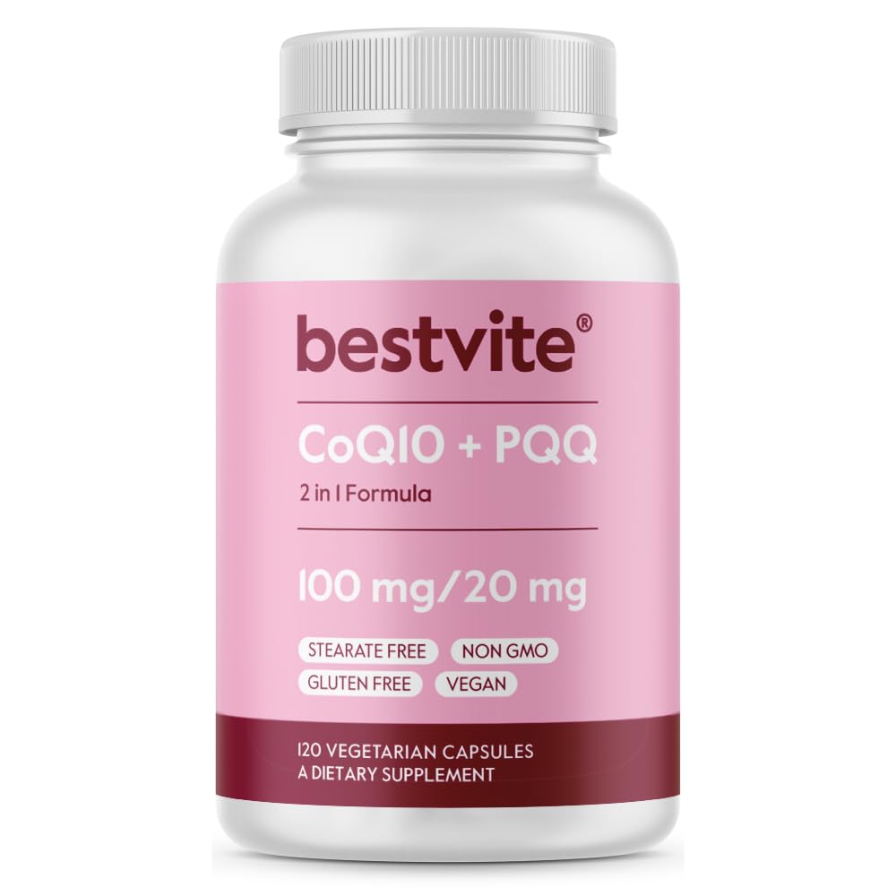 Bestvite CoQ10 + PQQ bottle shows the vegan formula for daily energy support.