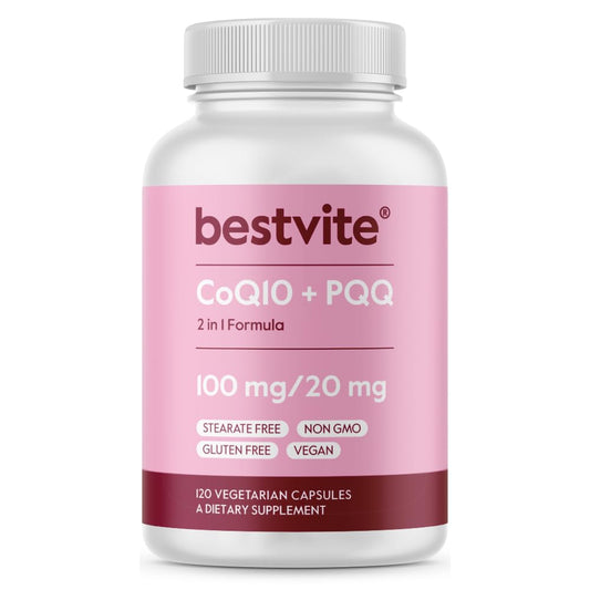 Bestvite CoQ10 + PQQ bottle shows the vegan formula for daily energy support.