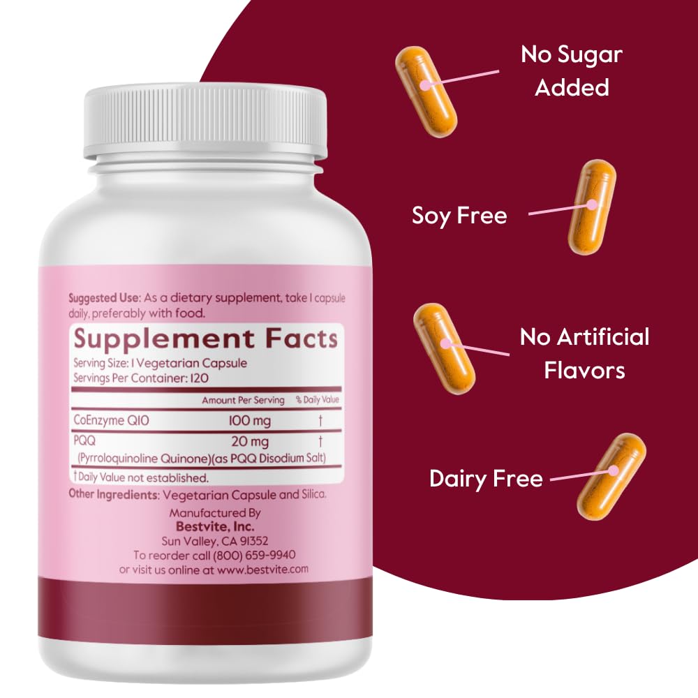 Bestvite CoQ10 + PQQ label detail shows no stearates and vegan formula.