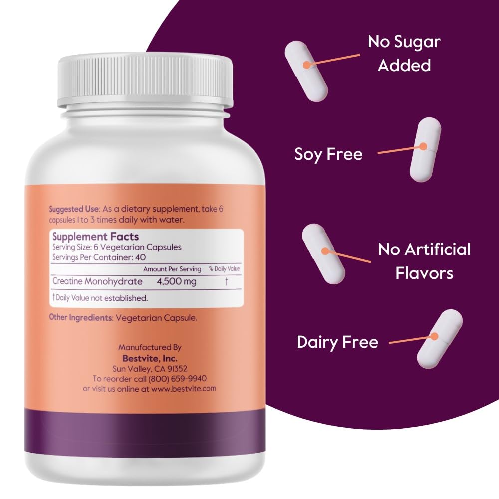 Bestvite Creatine Monohydrate capsules close up highlighting 750 mg dosage per capsule