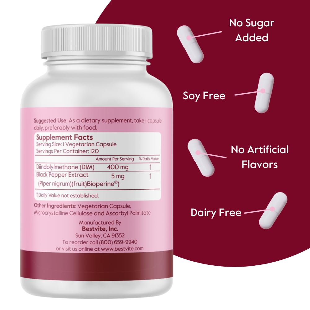BESTVITE DIM capsules close-up shows stearate-free formula.