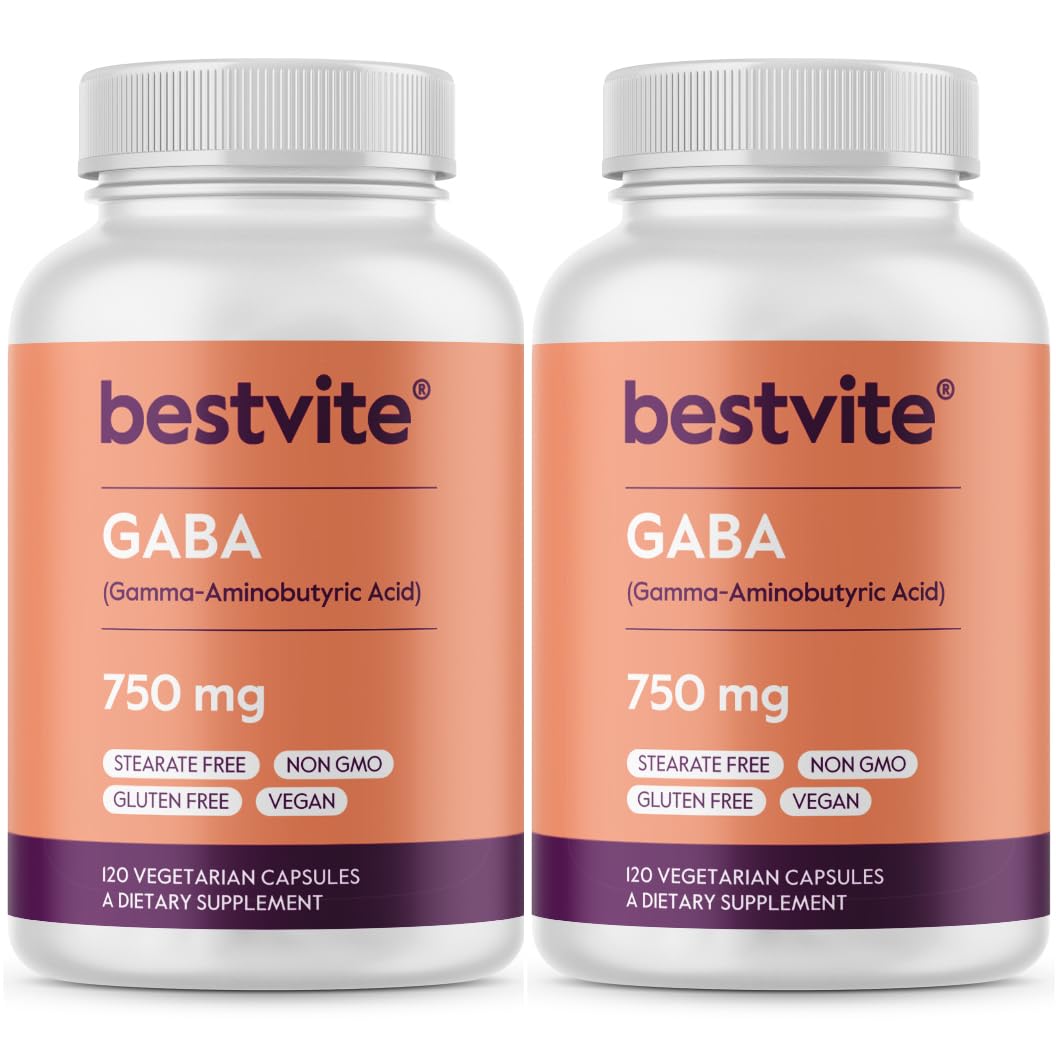 Bestvite GABA 750mg capsule bottle close-up highlighting relaxation support.
