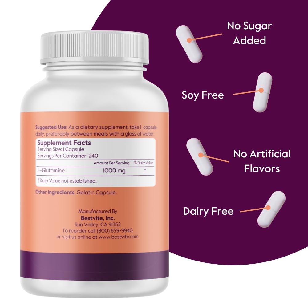 Bestvite Glutamine label detail highlighting non-GMO and gluten-free