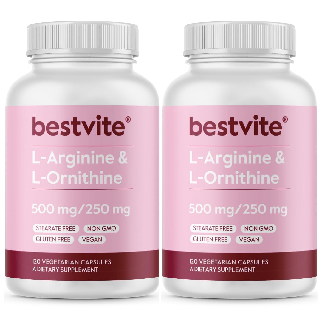 BESTVITE L-Arginine L-Ornithine bottle front with vegan capsules for metabolic support
