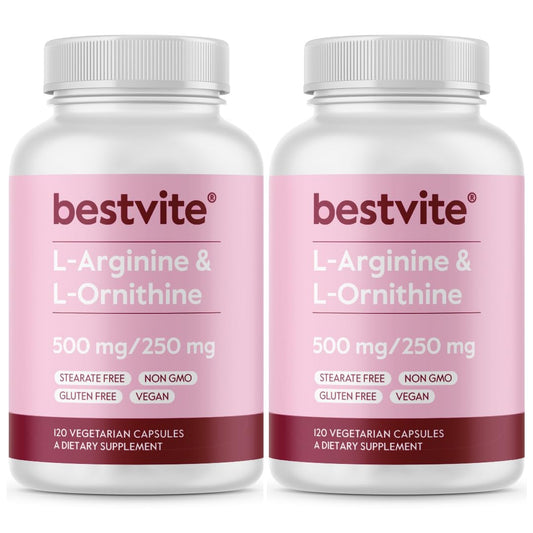 BESTVITE L-Arginine L-Ornithine bottle front with vegan capsules for metabolic support