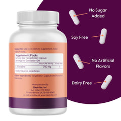 Bestvite L-Citrulline label detail showing no stearates and non-GMO ingredients.