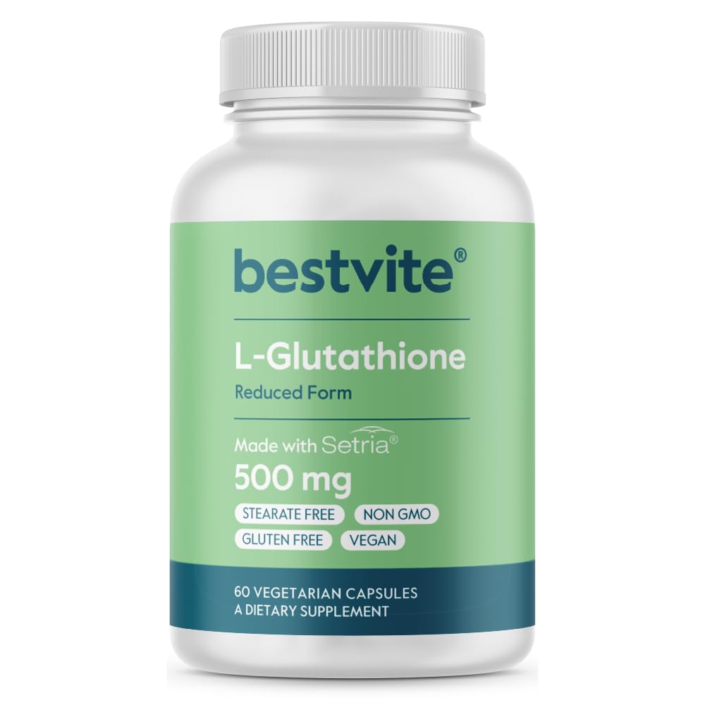 Bestvite L-Glutathione 500mg Setria bottle close-up highlighting antioxidant support.