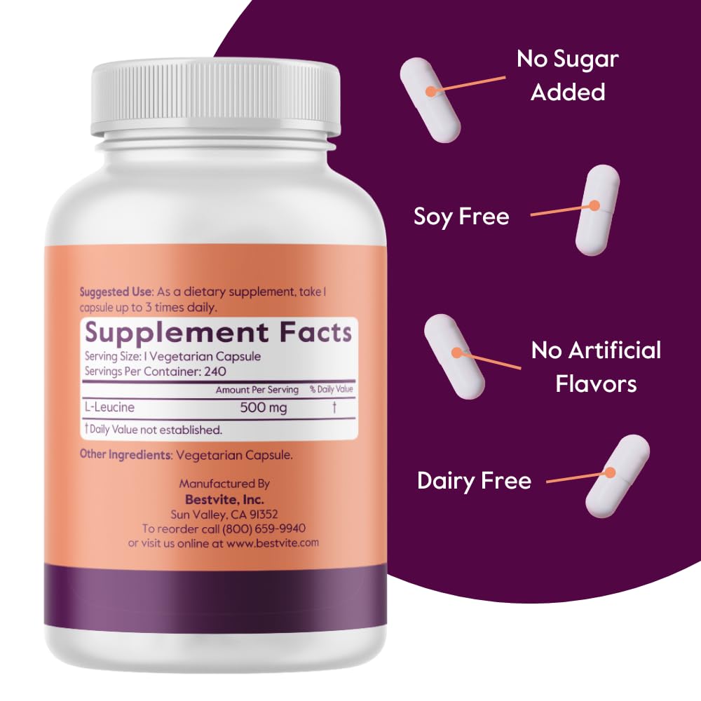 Bestvite Leucine bottle label emphasizing gluten-free and vegan features.