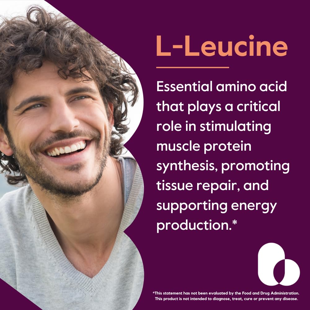Bestvite Leucine capsules close-up showing 500 mg per capsule and clean formula.