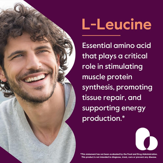 Bestvite Leucine capsules close-up showing 500 mg per capsule and clean formula.