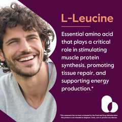 Bestvite Leucine capsules close-up showing 500 mg per capsule and clean formula.
