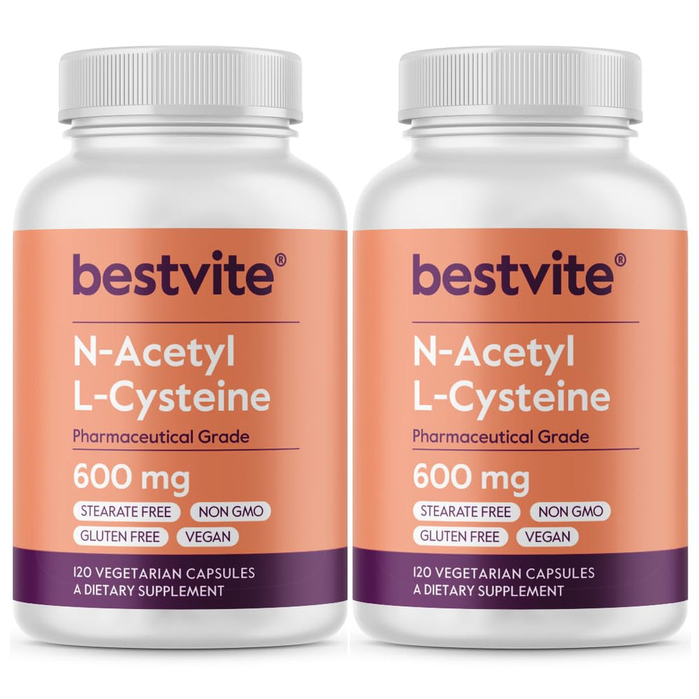 BESTVITE NAC 600mg bottle close-up, vegan and gluten-free capsules for daily wellness.