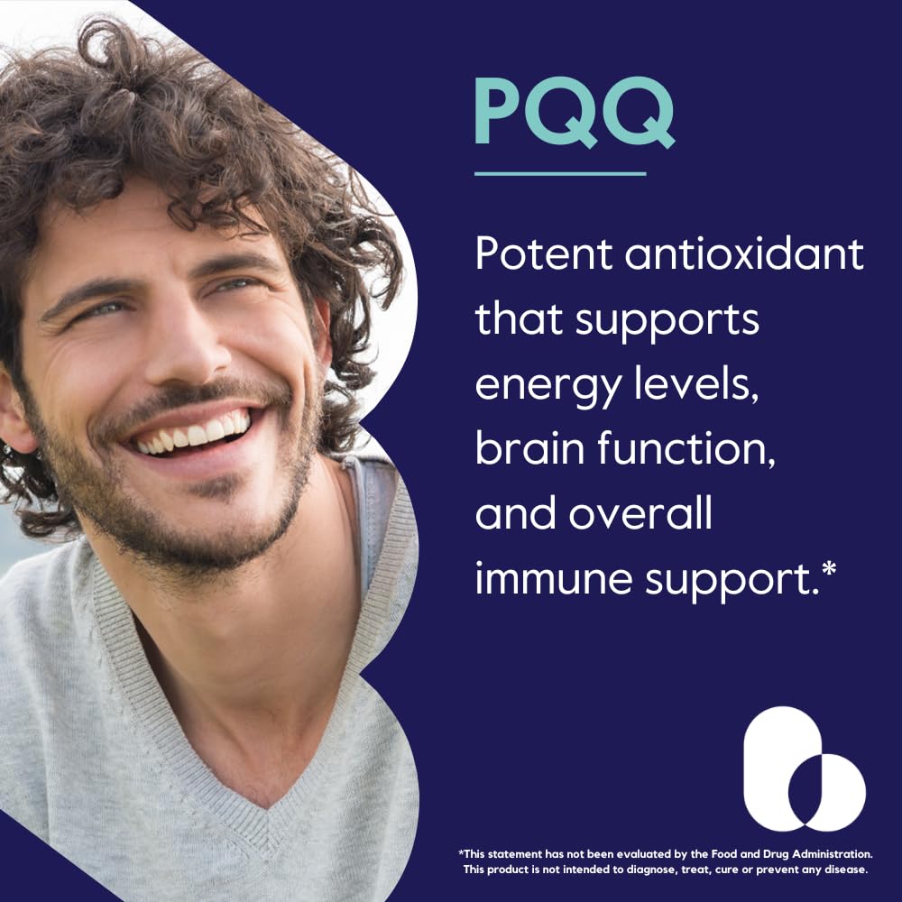 BESTVITE PQQ 40mg capsules close-up showing vegan, non-GMO formula.