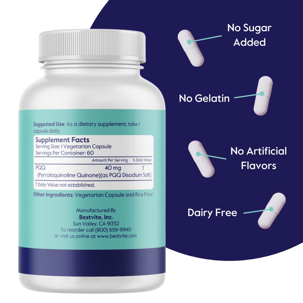BESTVITE PQQ 40mg label detail highlighting gluten-free, stearate-free blend.