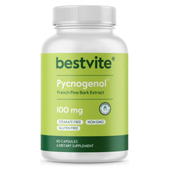Bestvite Pycnogenol 100mg bottle highlighting pine bark extract for antioxidant support.