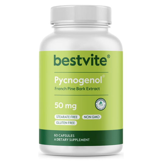 BESTVITE Pycnogenol 50mg capsules in a bottle highlight an antioxidant-rich formula.