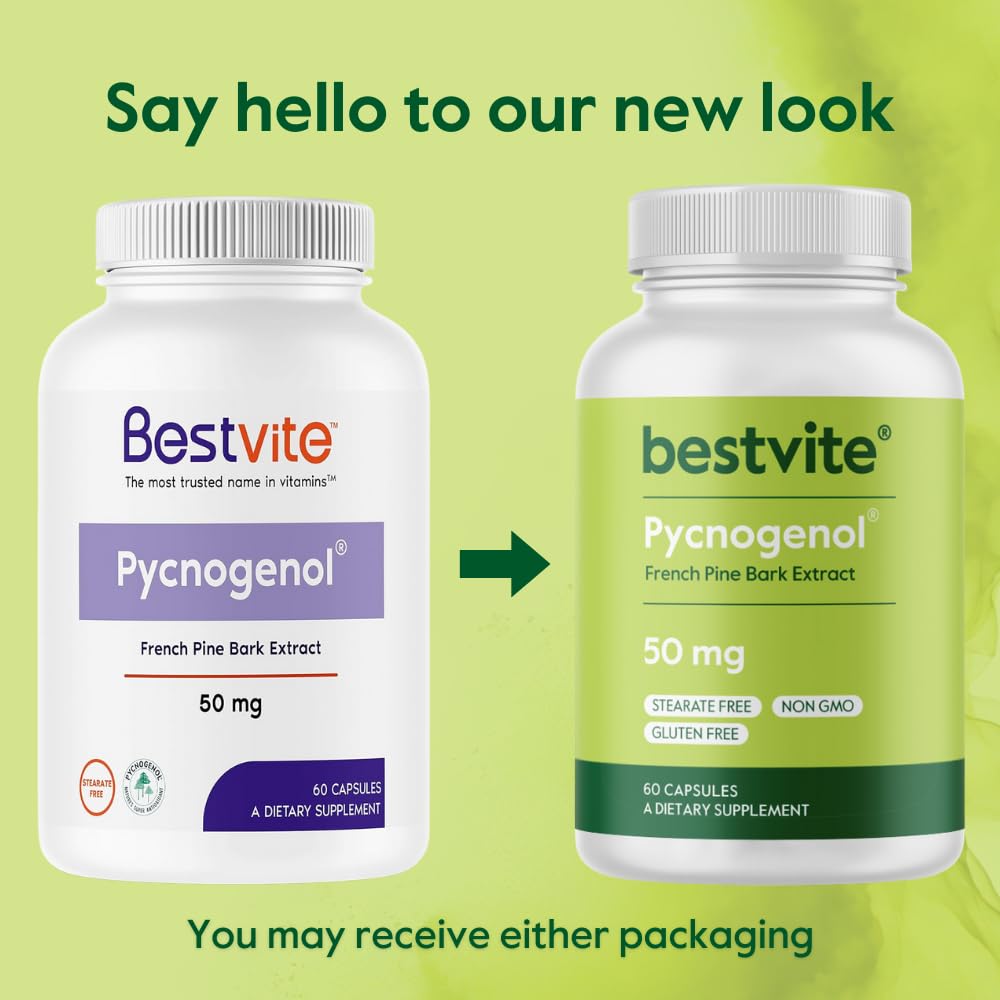 BESTVITE Pycnogenol 50mg exterior packaging shows NSF-certified facility logo.