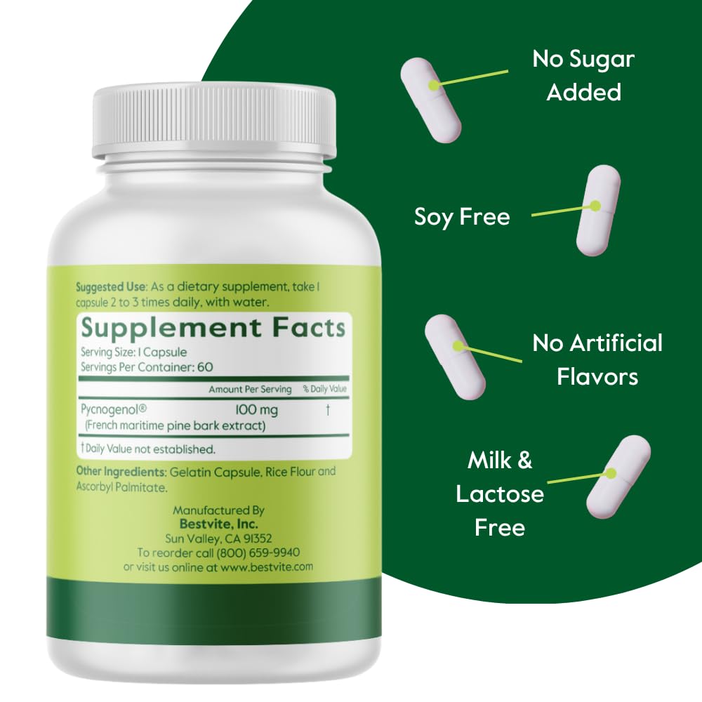 Bestvite Pycnogenol label front confirms gluten-free, non-GMO formulation with no stearates.