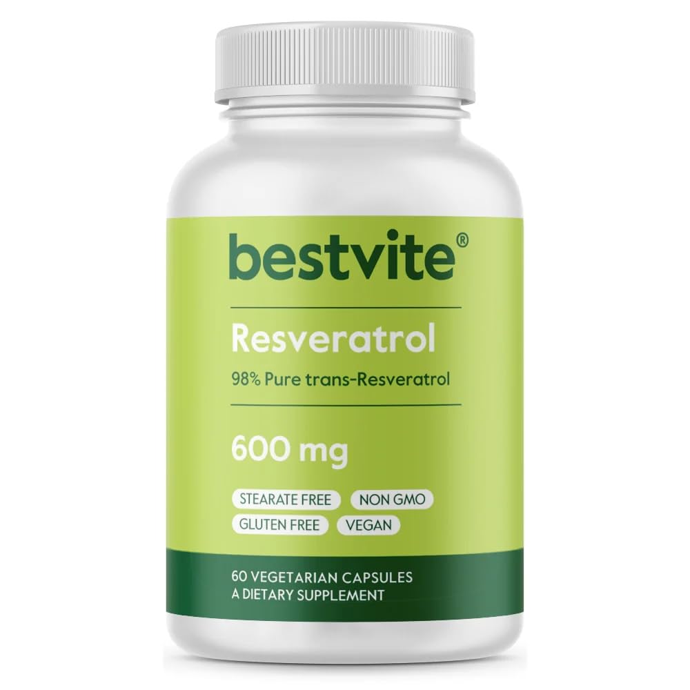 BESTVITE Resveratrol 600mg bottle on countertop highlighting premium antioxidant support