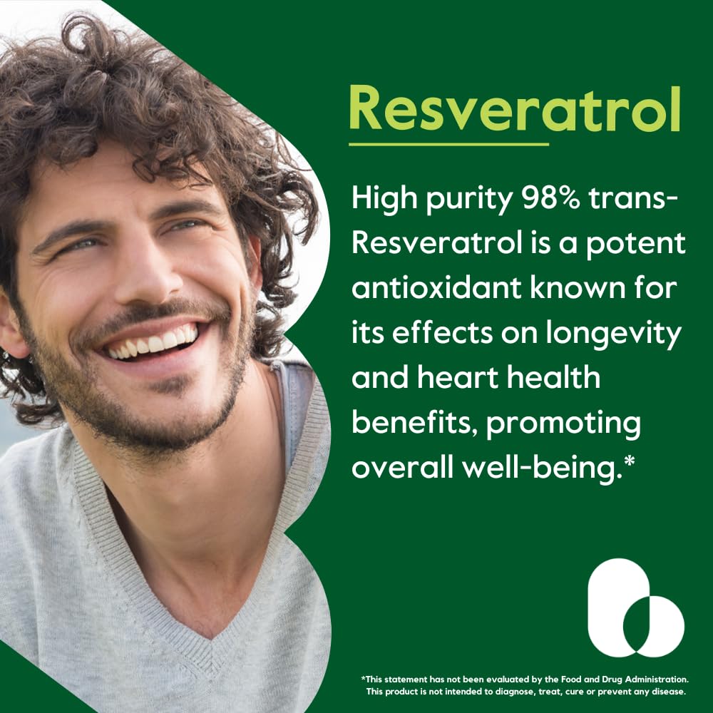 Close-up of BESTVITE Resveratrol capsules showing vegan and gluten-free formula
