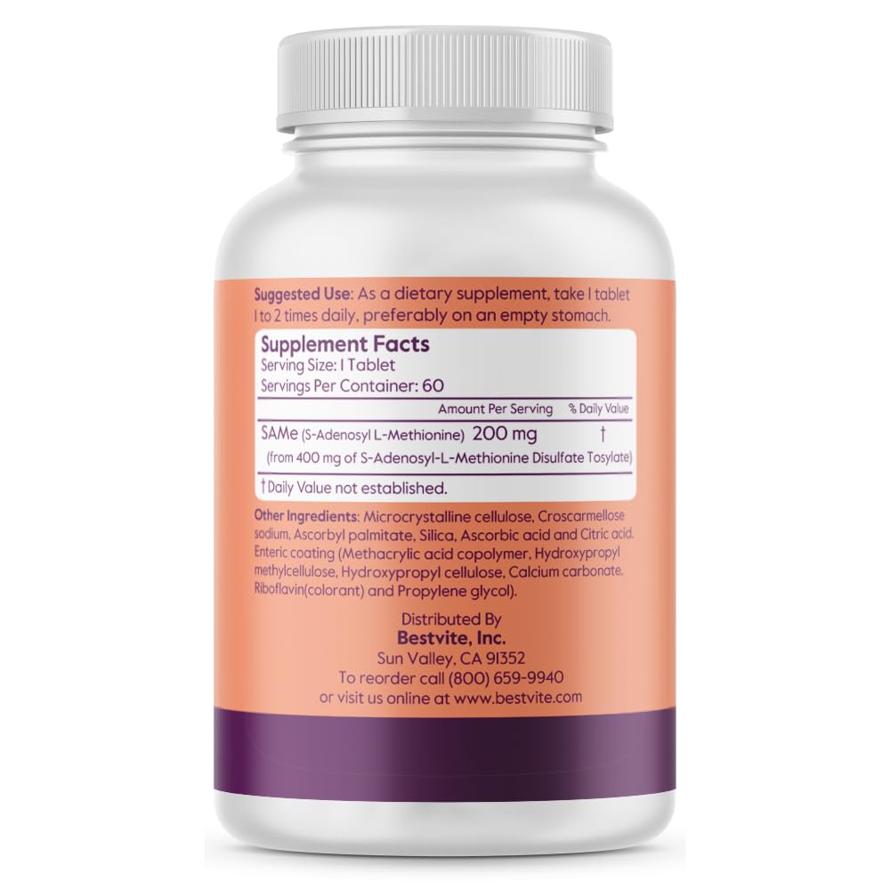 BESTVITE SAM-e 200mg tablet closeup highlights enteric-coated design for better digestion.