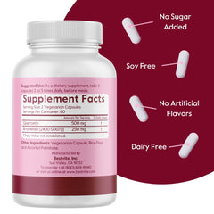 Label highlights vegan, gluten-free, and no stearates features