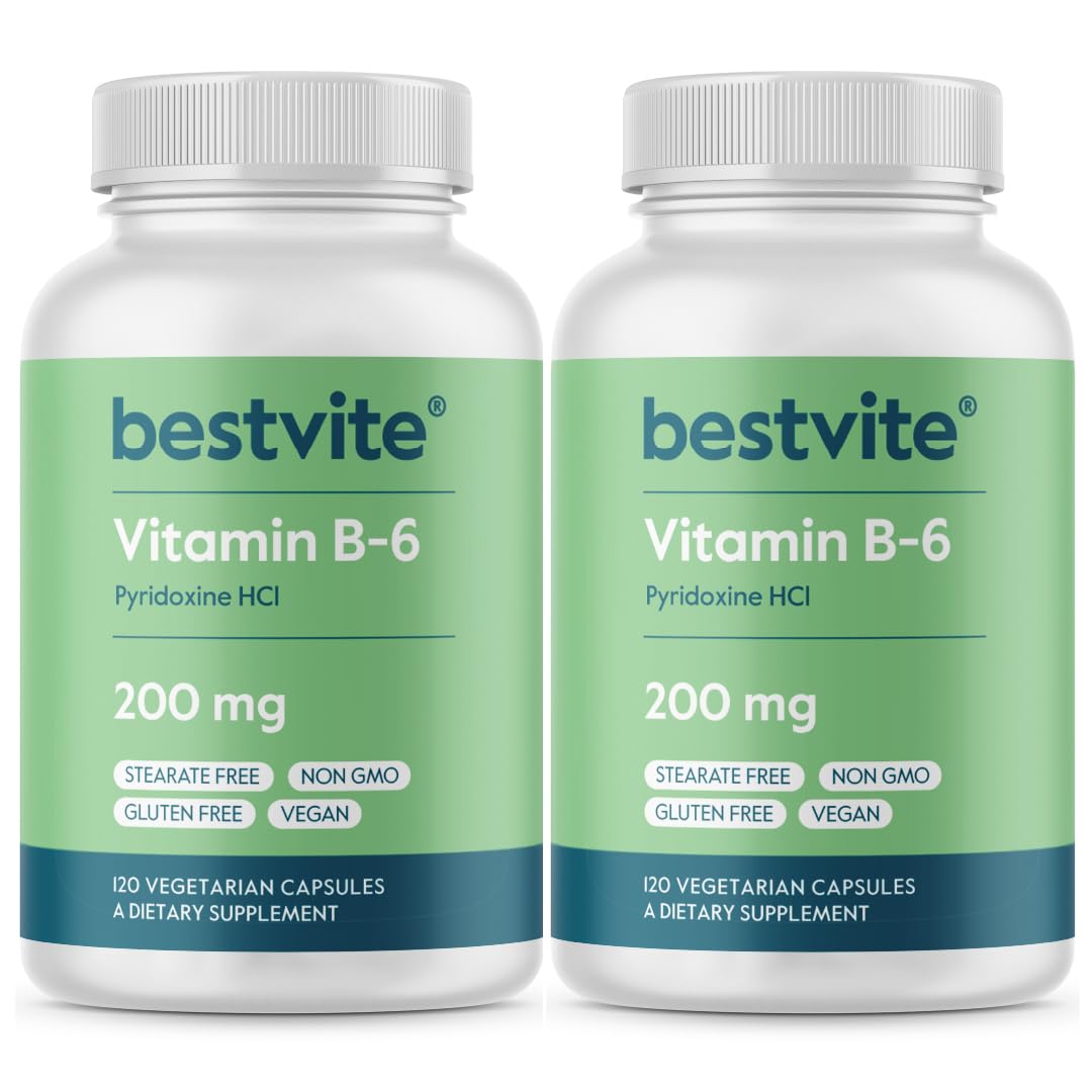 The BESTVITE Vitamin B-6 200mg bottle front highlights energy support and a clean label.