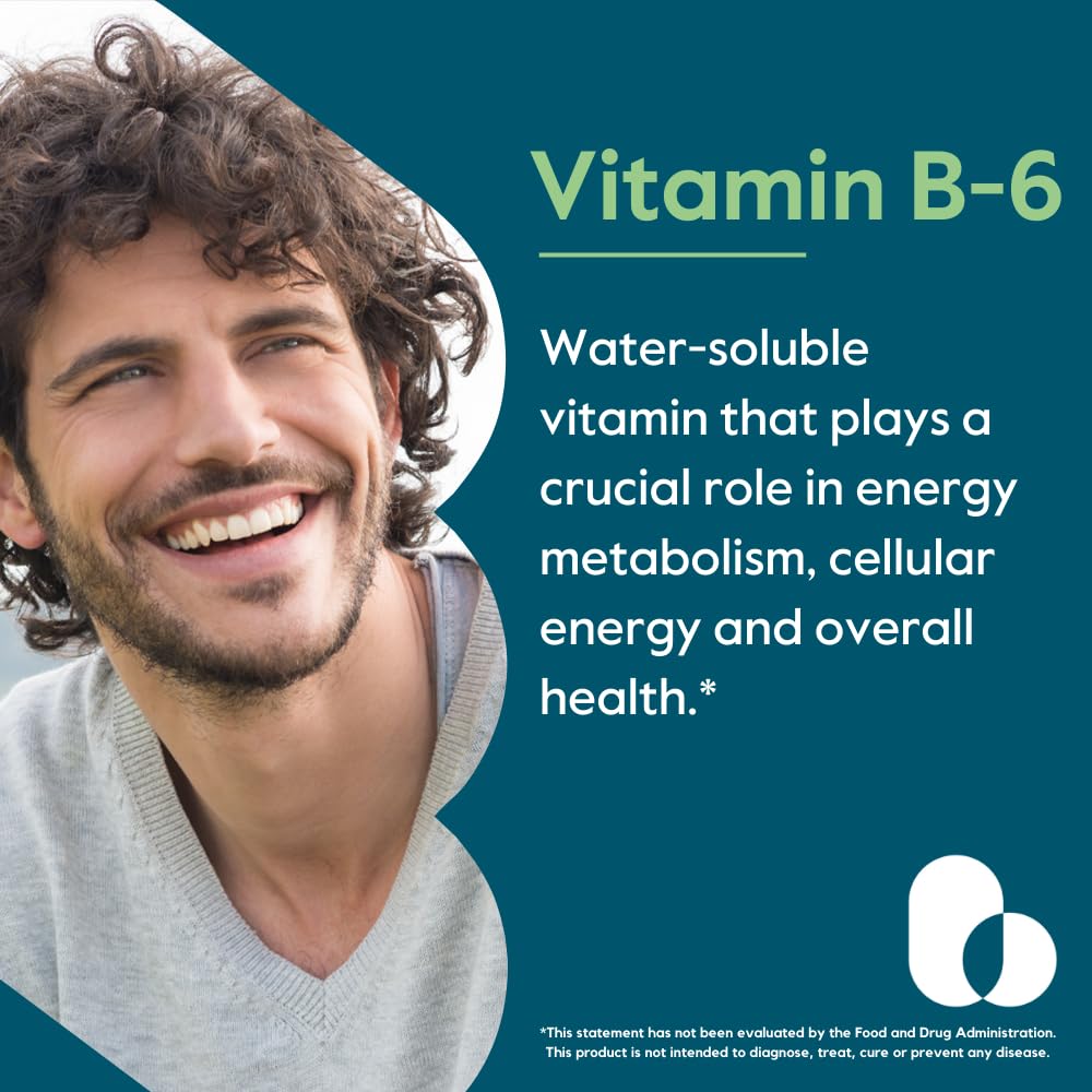 BESTVITE Vitamin B-6 200mg capsules closeup emphasizes vegan capsules for energy support.