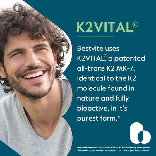BESTVITE Vitamin K2 MK-7 capsules close-up showing vegan formula.