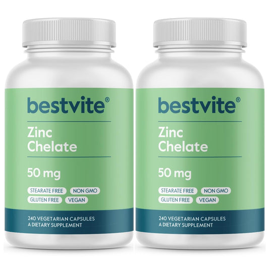 BESTVITE Zinc Chelate 50mg bottle shown for daily immune support and easy supplementation.