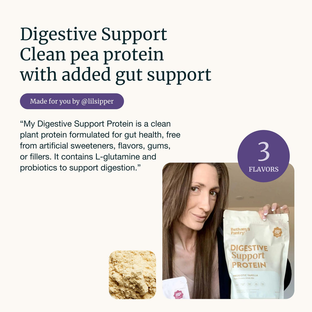 BETHANY'S PANTRY probiotic pea protein vanilla canister highlights probiotic blend for gut-friendly nutrition.