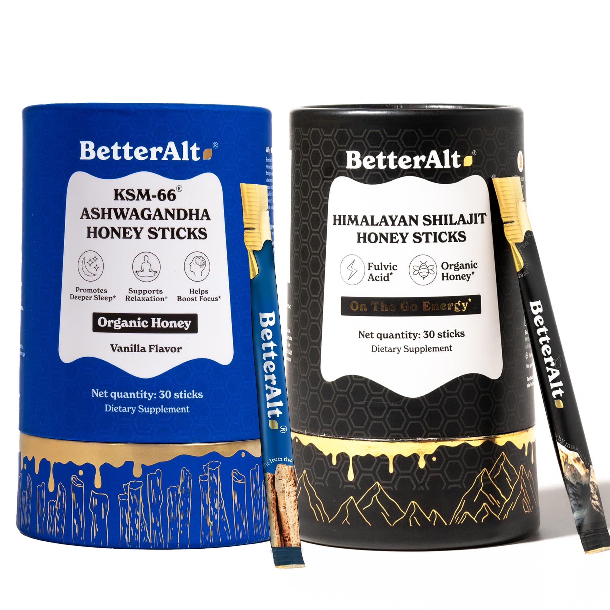 Better Alt ASHWAGHANDA SHILAJIT HONEY STICK 2-PACK on display supports daily energy and balance