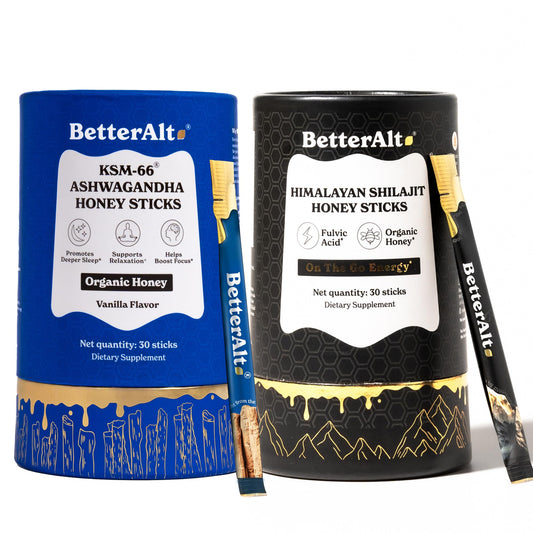 Better Alt ASHWAGHANDA SHILAJIT HONEY STICK 2-PACK on display supports daily energy and balance