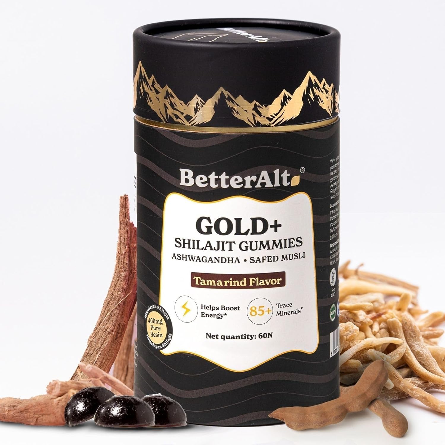 Better Alt Gold+ Shilajit Gummies bottle front; convenient energy support.