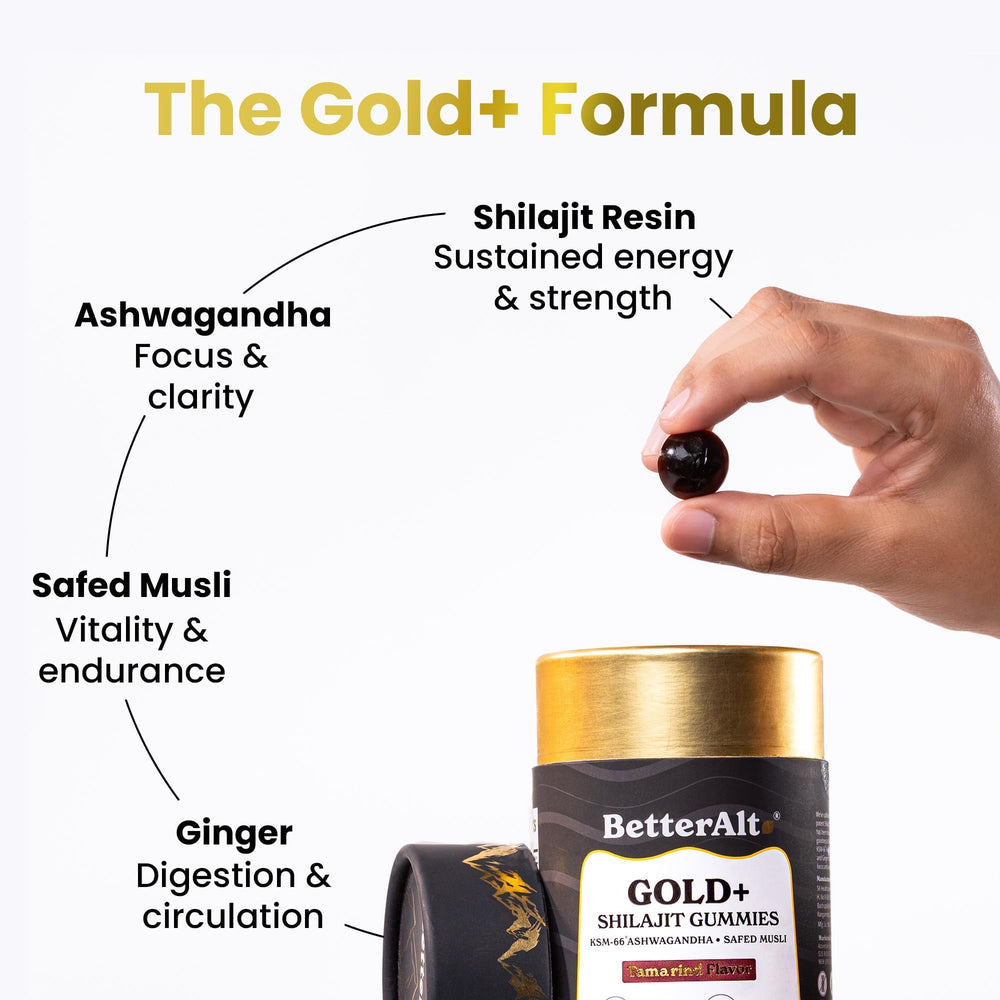 Ingredient panel highlights Shilajit resin, Ashwagandha, and Safed Musli for vitality.