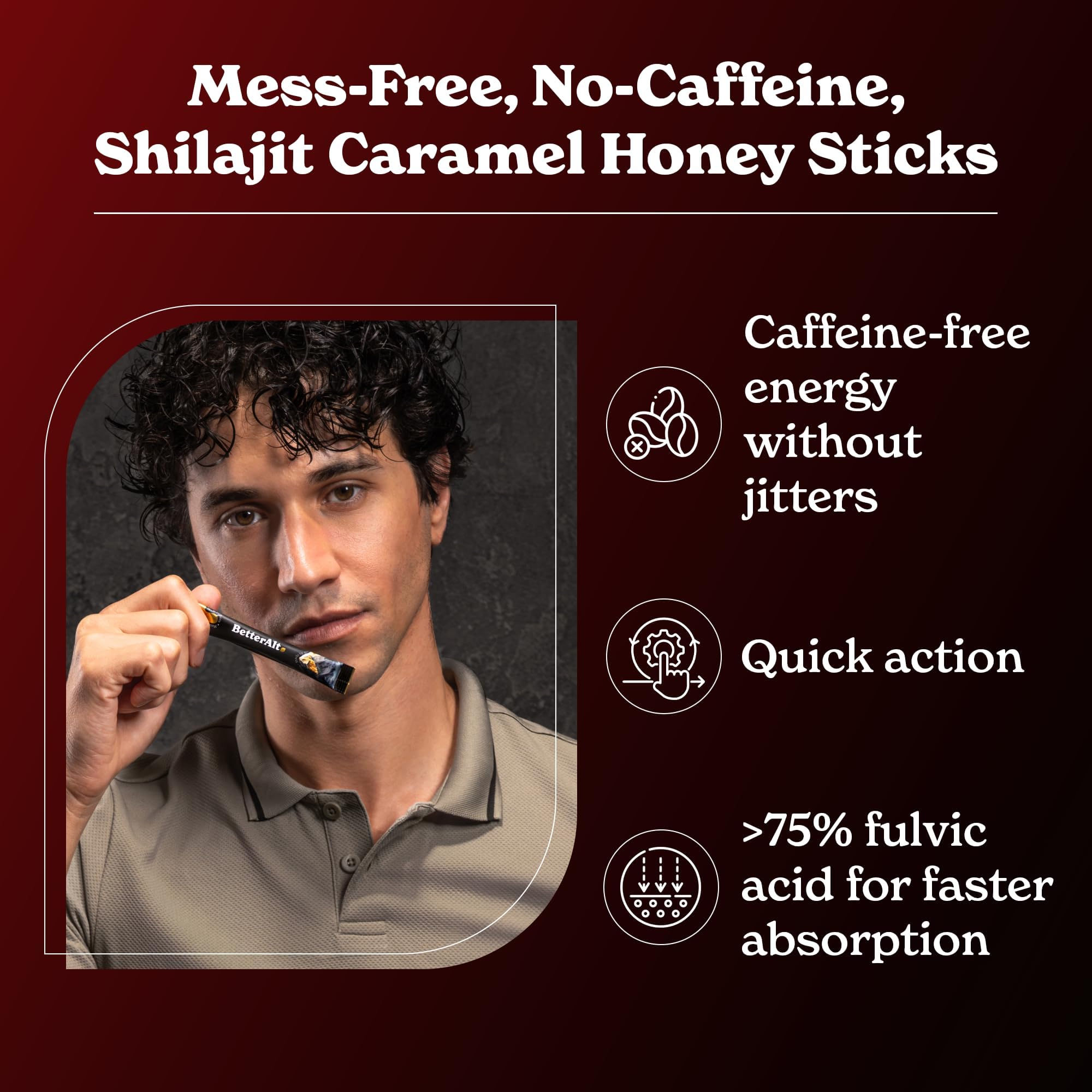 Better Alt Shilajit Honey Stick highlighting immune-support antioxidants.