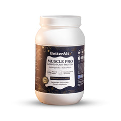 Better Alt Muscle Pro iced coffee tub shows 24g protein per serving for fueling workouts.