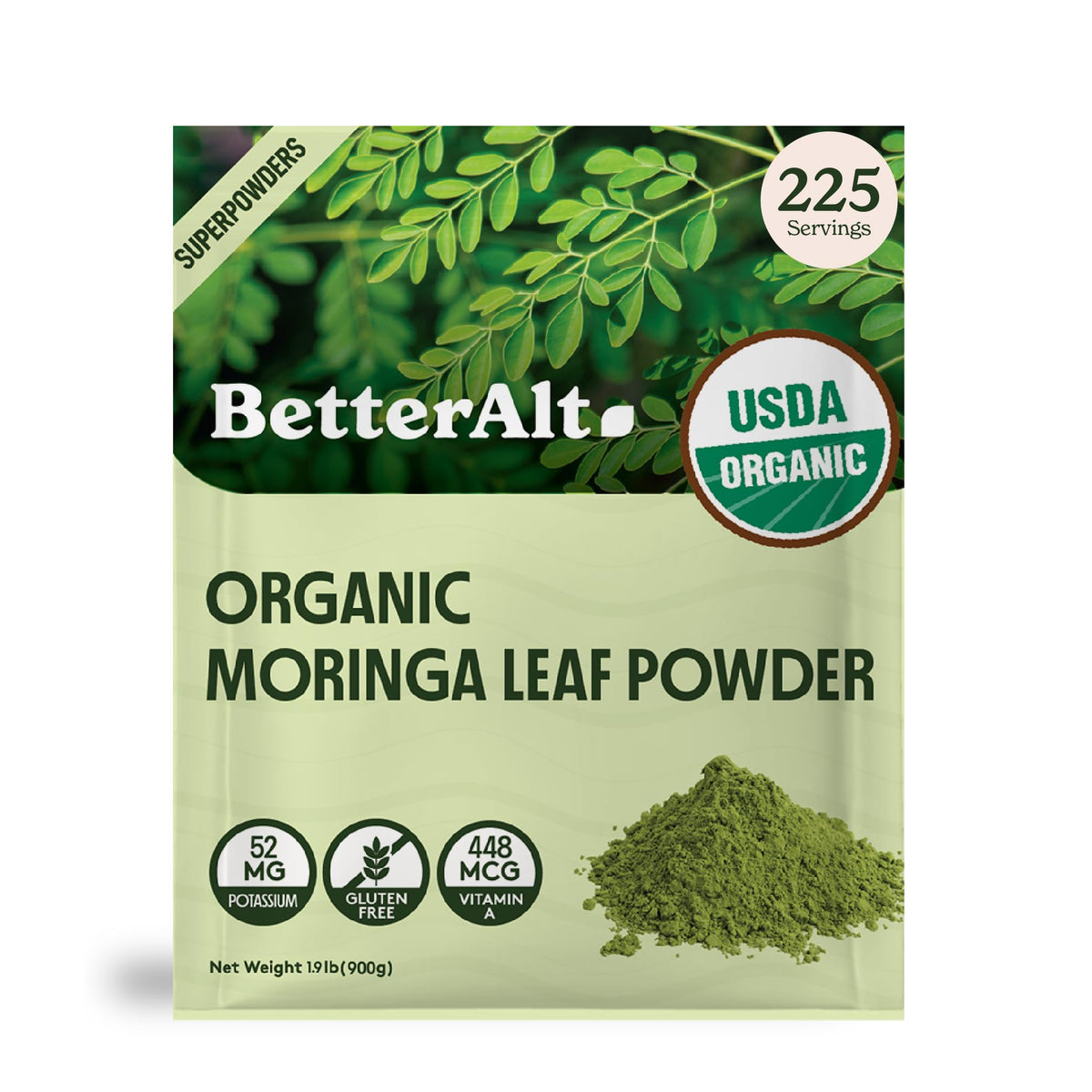 Better Alt Organic Moringa Powder front label with USDA Organic certification, indicating quality