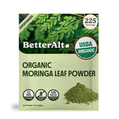 Better Alt Organic Moringa Powder front label with USDA Organic certification, indicating quality