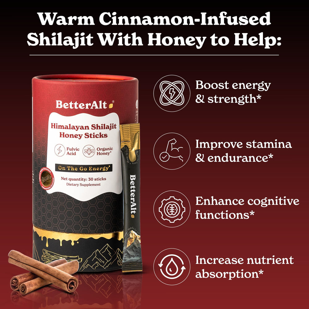 Pouring Better Alt Shilajit Honey Stick into tea for easy integration.
