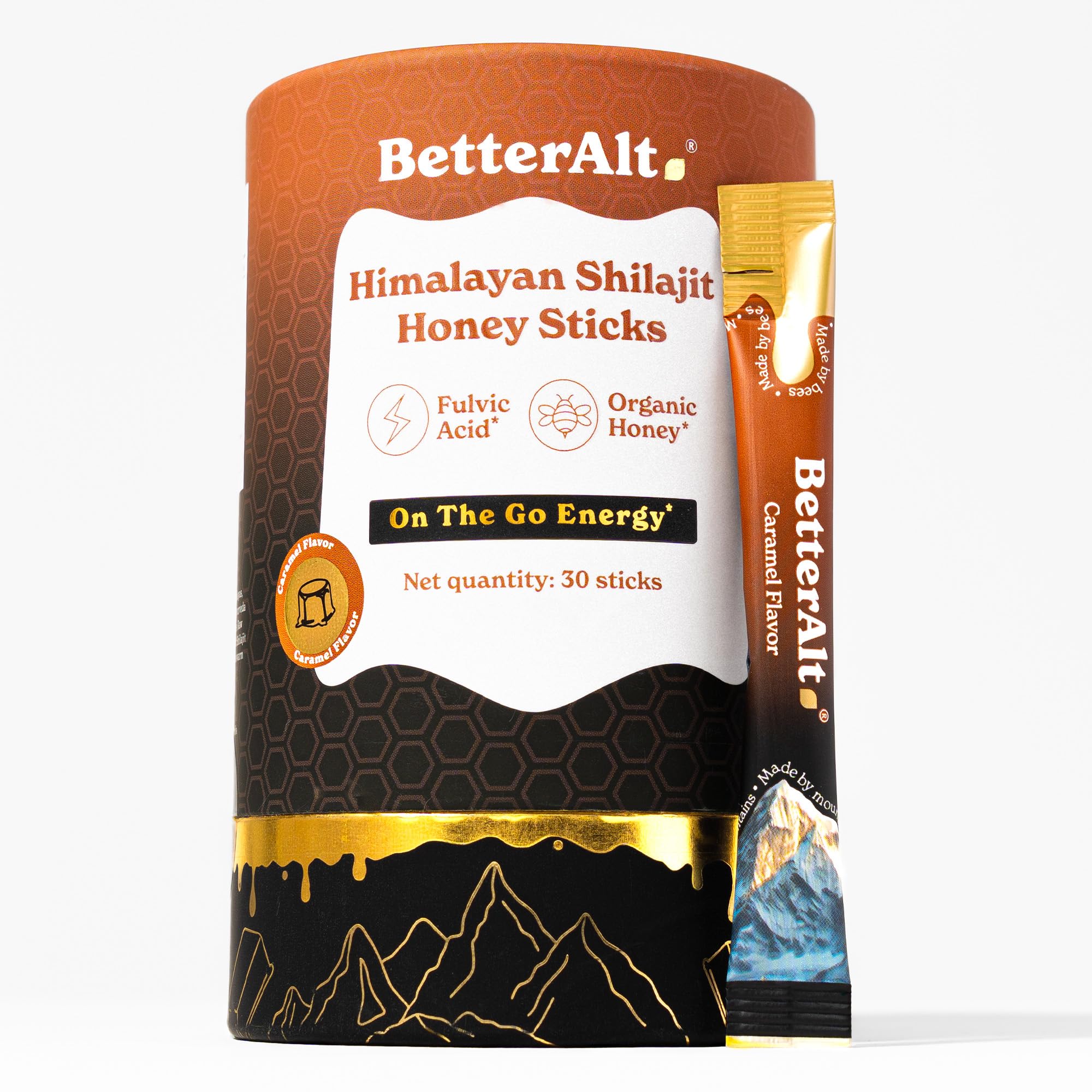 Better Alt Himalayan Shilajit caramel honey stick for sustained energy.