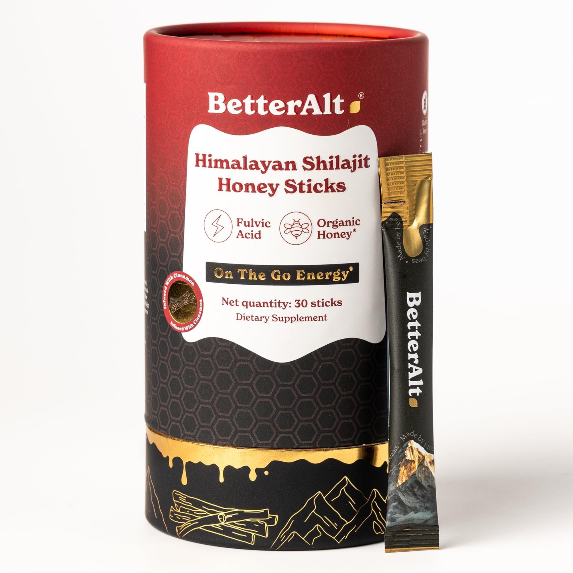 Better Alt Pure Himalayan Shilajit Cinnamon Honey Stick box for daily energy and immune support.