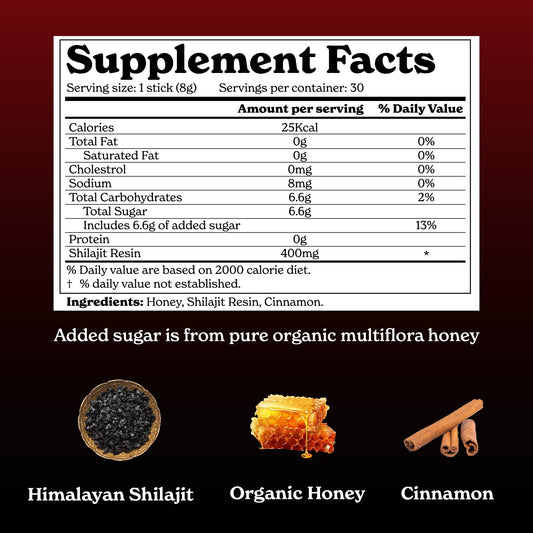 Better Alt Shilajit Cinnamon Honey Stick close-up showing natural minerals.